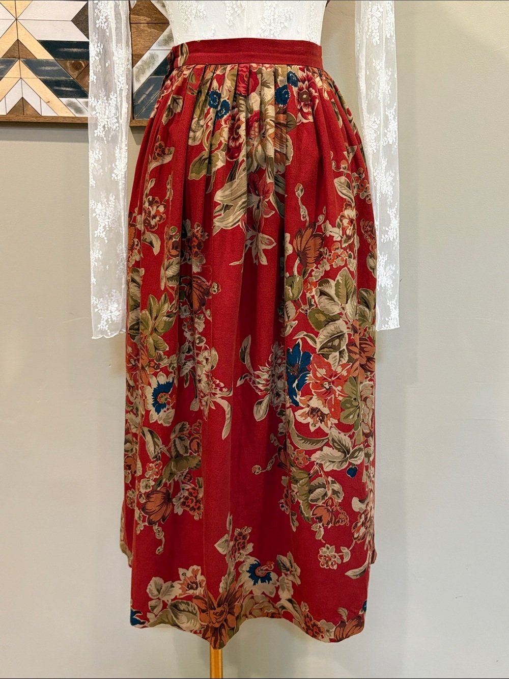 Vintage Ralph Lauren Red Floral Cottagecore Long Pleated Skirt size 4 - Picture 9 of 14